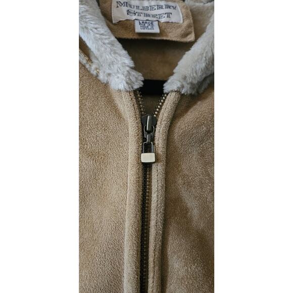 Mulberry Street Womens LARGE Hooded Coat Jacket Faux Fur Faux Suede Pockets Tan - Picture 7 of 8